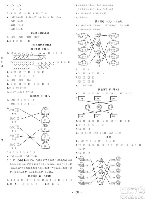 合肥工业大学出版社2023年秋七天学练考一年级数学上册苏教版参考答案