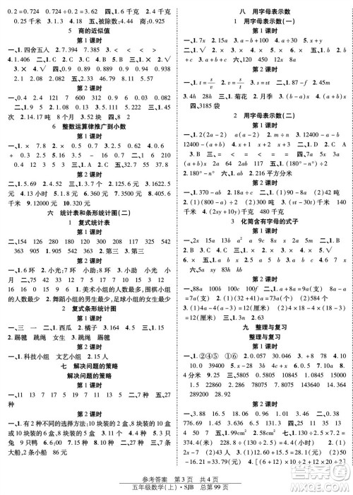 团结出版社2023年秋阳光训练课时作业五年级数学上册苏教版参考答案