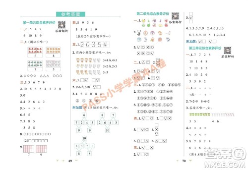 陕西师范大学出版总社有限公司2023年秋小学学霸冲A卷一年级数学上册青岛版五四专版参考答案