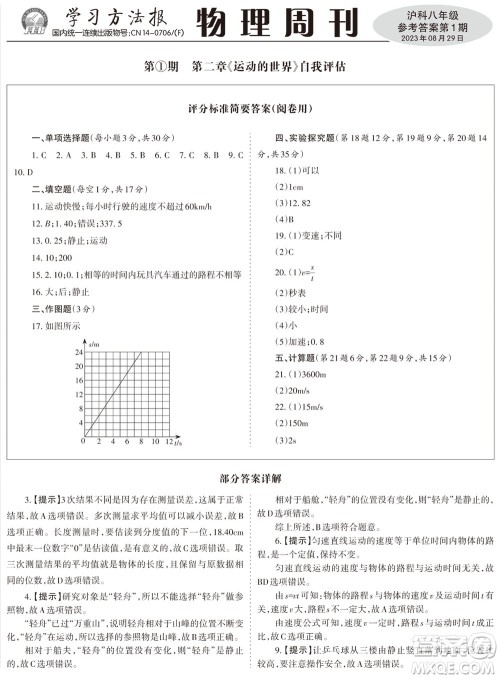 2023年秋学习方法报物理周刊八年级上册沪科版1-2期参考答案