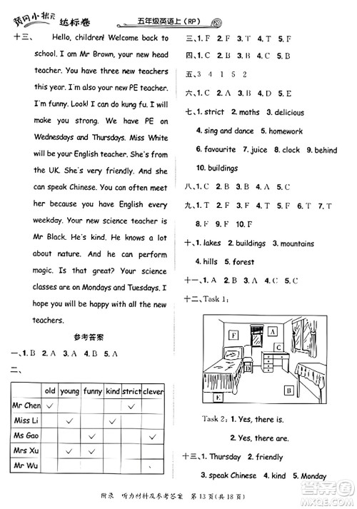 龙门书局2023年秋黄冈小状元达标卷五年级英语上册人教PEP版答案