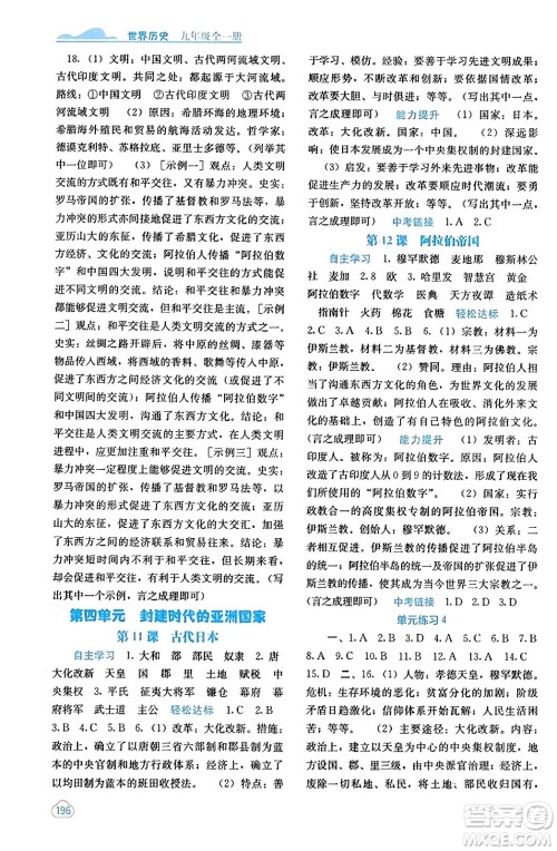 广西教育出版社2023年秋自主学习能力测评九年级世界历史全一册人教版答案