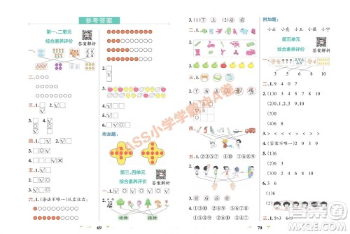 陕西师范大学出版总社有限公司2023年秋小学学霸冲A卷一年级数学上册苏教版参考答案