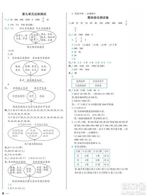 河北美术出版社2023年秋龙门小考王三年级数学上册人教版参考答案