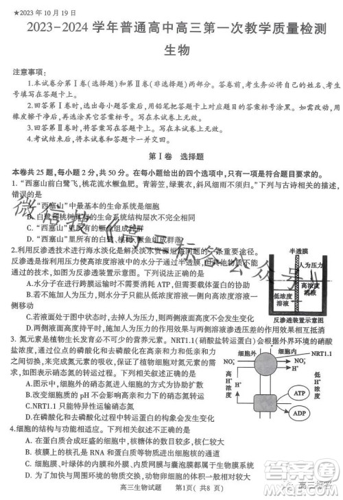 信阳2023-2024学年普通高中高三第一次教学质量检测生物试卷答案