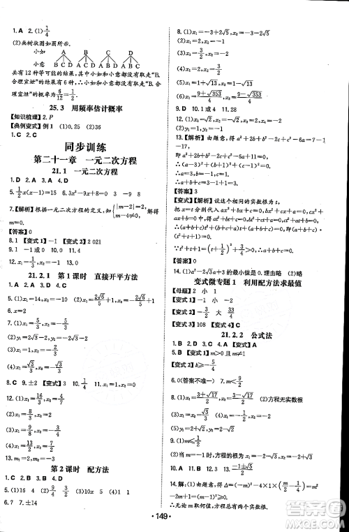 湖南教育出版社2023年秋一本同步训练九年级数学上册人教版重庆专版答案