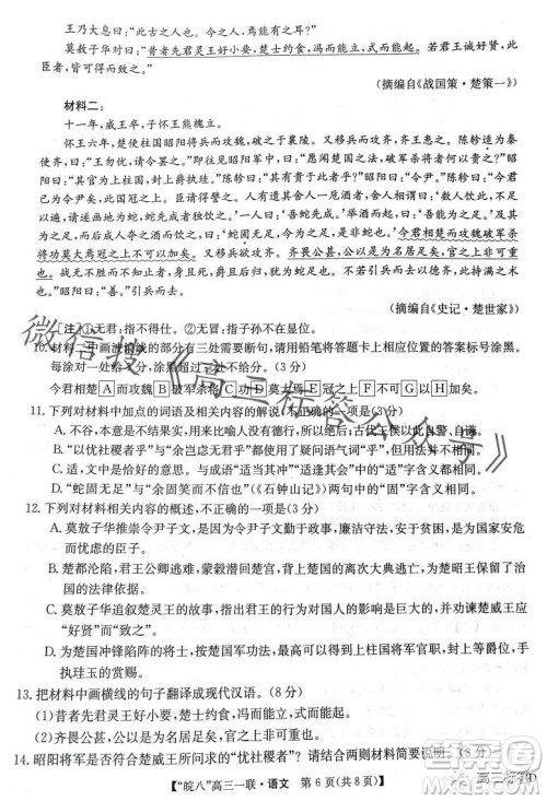 2024届皖南八校高三第一次大联考语文试卷答案