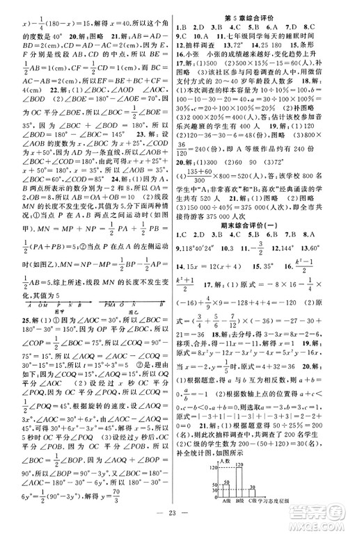 新疆青少年出版社2023年秋黄冈金牌之路练闯考七年级数学上册湘教版答案