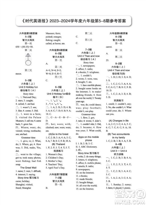 2023年秋时代英语报六年级上册1-8期参考答案
