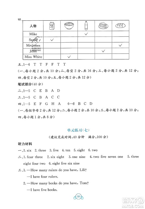 广西教育出版社2023年秋自主学习能力测评单元测试三年级英语上册人教版A版答案