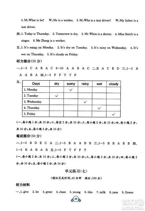 广西教育出版社2023年秋自主学习能力测评单元测试四年级英语上册接力版C版答案