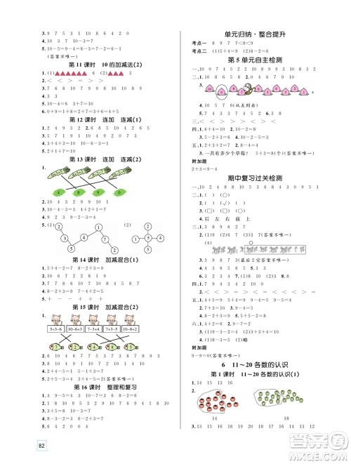 沈阳出版社2023年秋黄冈名师天天练一年级数学上册人教版参考答案