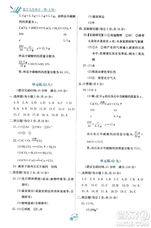 广西教育出版社2023年秋自主学习能力测评单元测试九年级化学全一册人教版A版答案