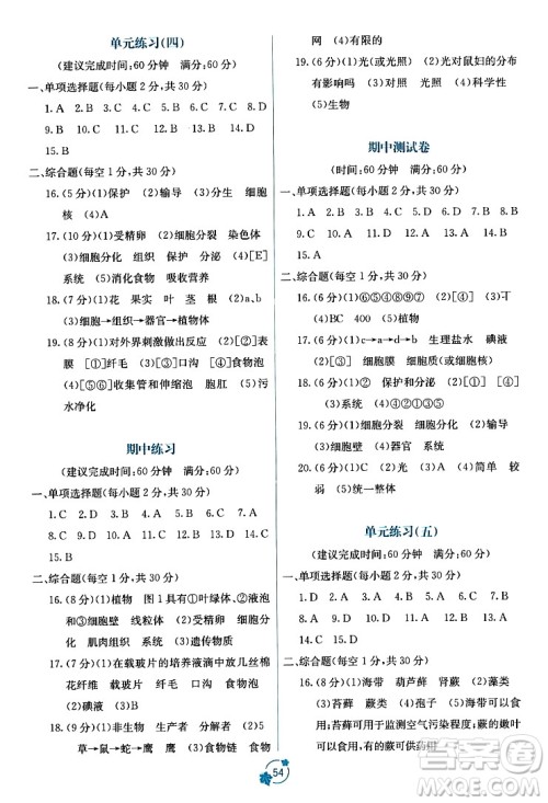 广西教育出版社2023年秋自主学习能力测评单元测试七年级生物上册人教版A版答案