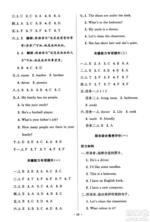 山东教育出版社2023年秋小学同步练习册分层指导四年级英语上册人教版答案