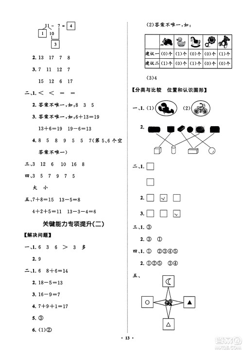 山东教育出版社2023年秋小学同步练习册分层指导一年级数学上册通用版答案