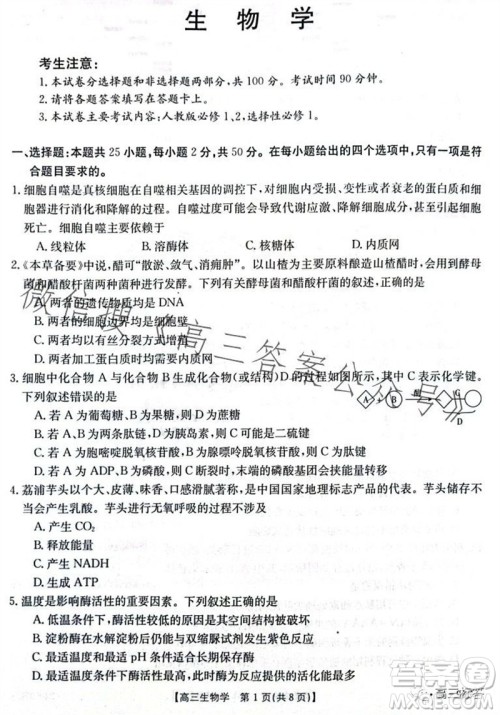 2024届河南金太阳高三10月26日24-97C联考生物试卷答案 2024届河南金太阳高三10月26日24-97C联考生物试卷答案