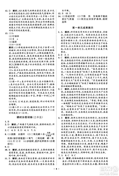 山东教育出版社2023年秋初中同步练习册分层卷七年级生物学上册人教版答案