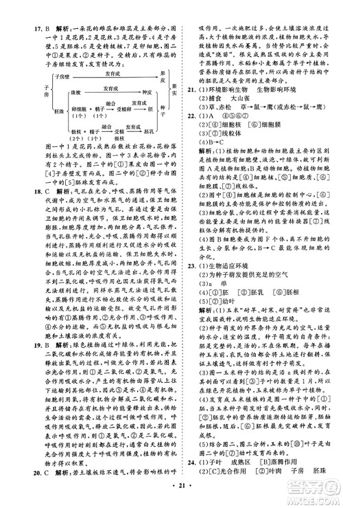 山东教育出版社2023年秋初中同步练习册分层卷七年级生物学上册人教版答案