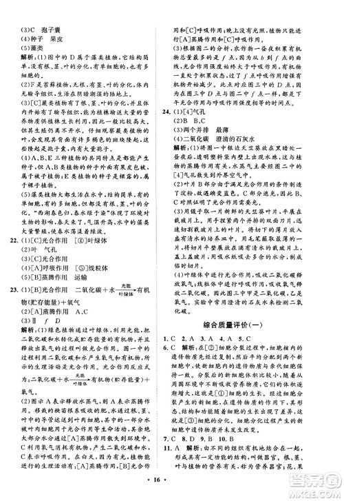 山东教育出版社2023年秋初中同步练习册分层卷七年级生物学上册通用版答案