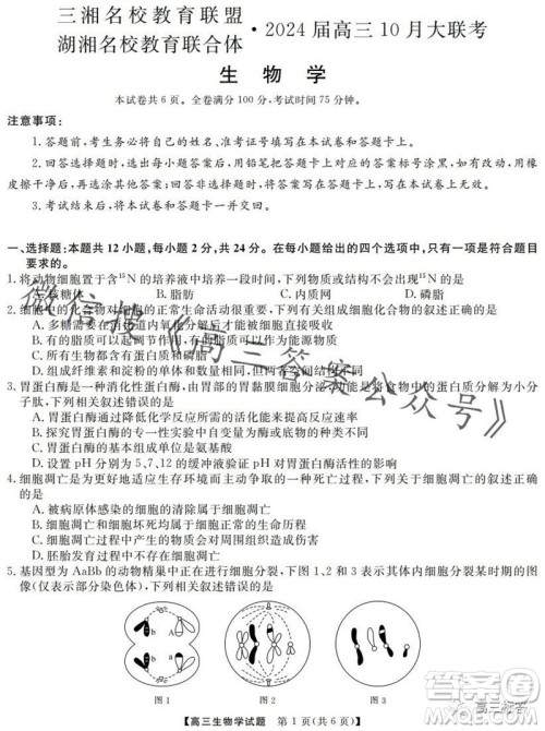 三湘名校教育联盟2024届高三10月大联考生物试题及答案 三湘名校教育联盟2024届高三10月大联考生物试题及答案