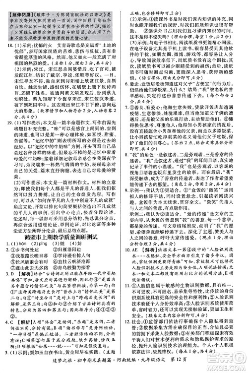 天津科学技术出版社2023年秋追梦之旅初中期末真题篇九年级语文全一册人教版河南专版答案 天津科学技术出版社2023年秋追梦之旅初中期末真题篇九年级语文全一册人教版河南专版答案