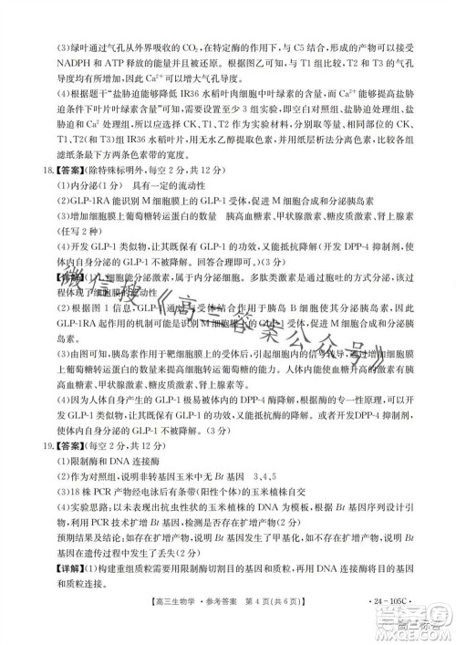 湛江市2024届高三10月调研测试24-105C生物试卷答案 湛江市2024届高三10月调研测试24-105C生物试卷答案