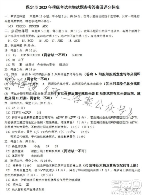 保定市2024届高三10月份摸底考试生物试题答案 保定市2024届高三10月份摸底考试生物试题答案