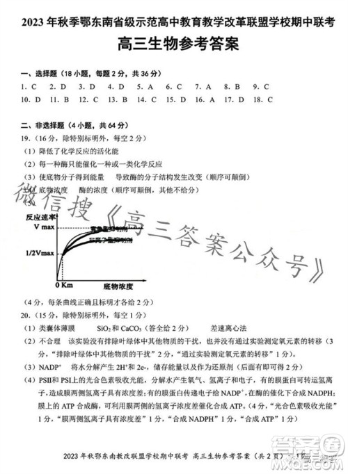 2023年秋鄂东南省级示范高中教育教学改革联盟学校期中联考高三生物试题答案 2023年秋鄂东南省级示范高中教育教学改革联盟学校期中联考高三生物试题答案