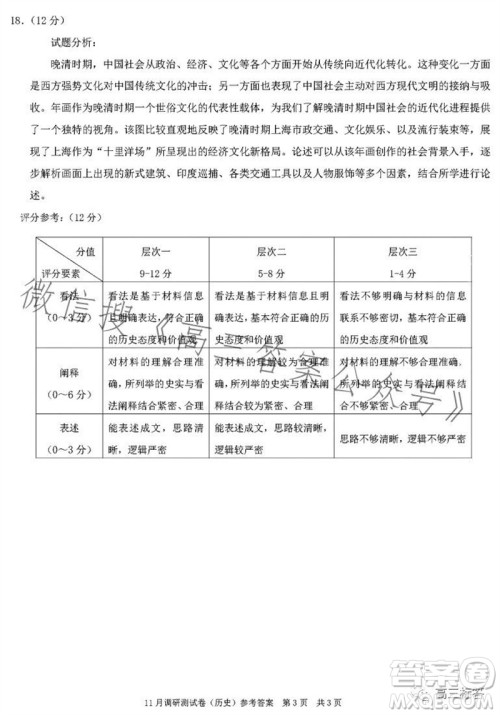 2024年普通高等学校招生全国统一考试11月调研测试卷重庆康德卷历史答案