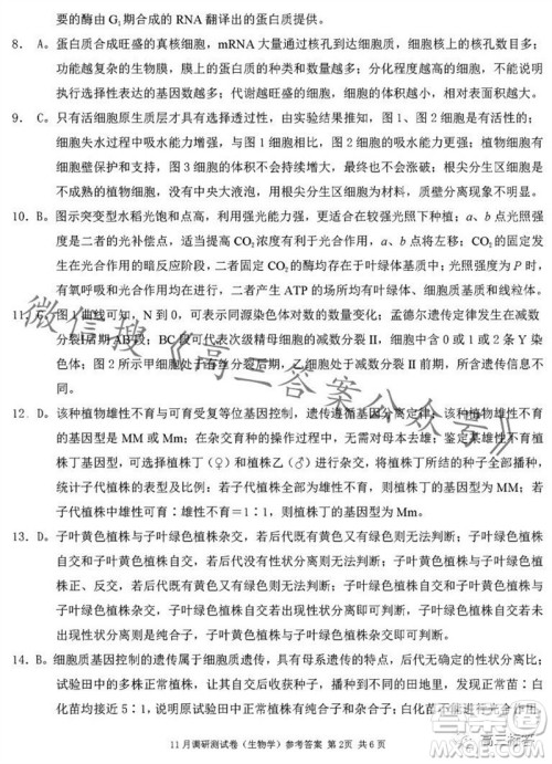 2024年普通高等学校招生全国统一考试11月调研测试卷重庆康德卷生物答案 2024年普通高等学校招生全国统一考试11月调研测试卷重庆康德卷生物答案
