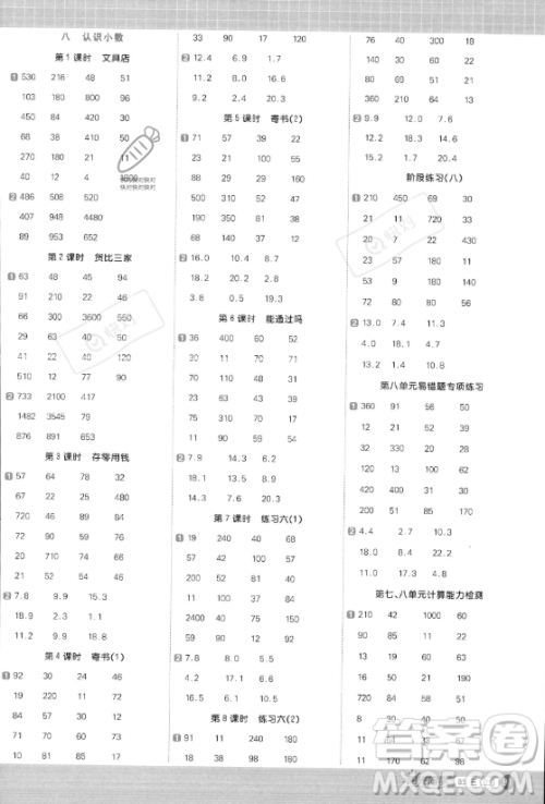 江西教育出版社2023年秋季阳光同学计算小达人三年级数学上册北师大版答案​
