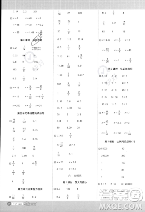 江西教育出版社2023年秋阳光同学计算小达人六年级数学上册冀教版答案