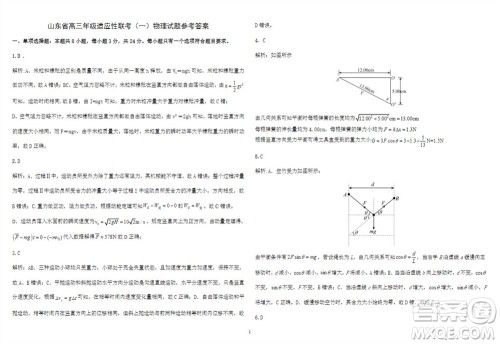 2024届山东省高三年级适应性联考一物理试题答案 2024届山东省高三年级适应性联考一物理试题答案