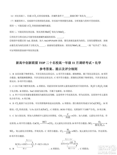 新高中创新联盟TOP二十名校2023-2024学年高一上学期11月调研化学试题答案 新高中创新联盟TOP二十名校2023-2024学年高一上学期11月调研化学试题答案