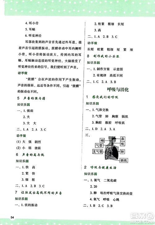 陕西人民教育出版社2023年秋学习与评价四年级科学上册教科版答案