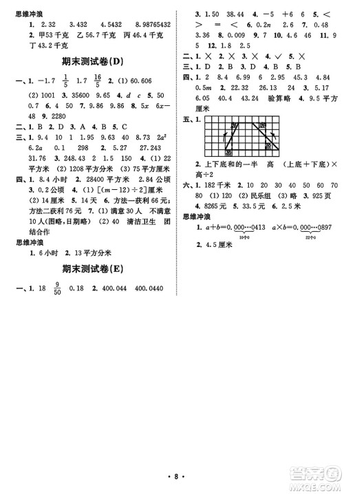 东南大学出版社2023年秋江苏密卷五年级数学上册江苏版答案