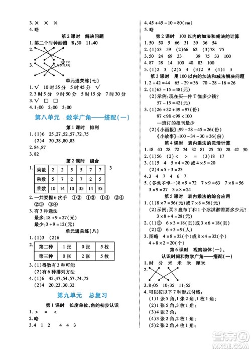 阳光出版社2023年秋自主课堂二年级数学上册人教版答案