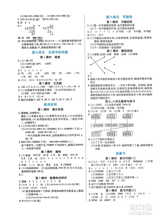 阳光出版社2023年秋自主课堂四年级数学上册北师大版答案