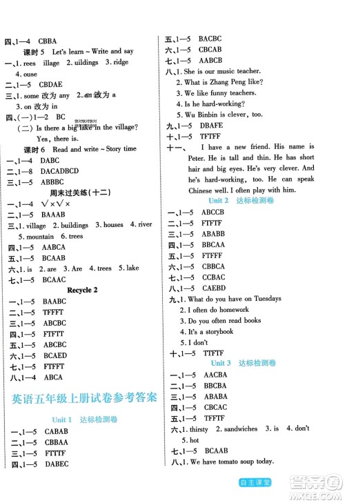 阳光出版社2023年秋自主课堂五年级英语上册人教PEP版答案