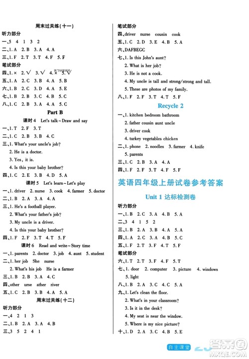 阳光出版社2023年秋自主课堂四年级英语上册人教PEP版答案