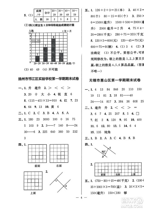 江苏凤凰美术出版社2023年秋超能学典各地期末试卷精选四年级数学上册江苏版答案