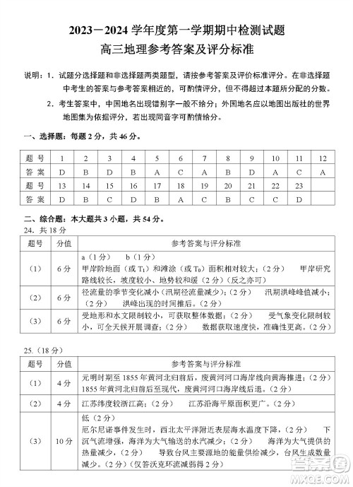 扬州市2023-2024学年高三上学期期中检测试题地理答案