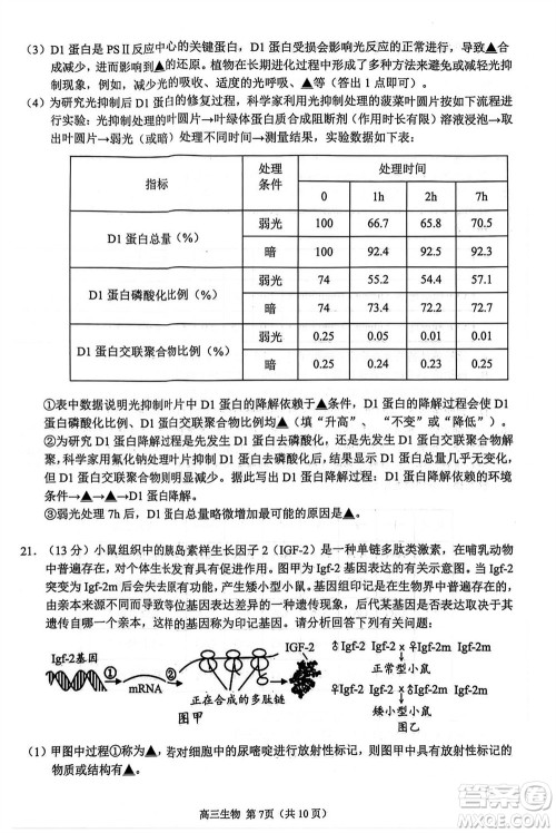 扬州市2023-2024学年高三上学期期中检测试题生物答案