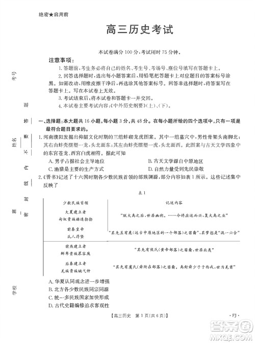 2024届福建金太阳高三上学期11月16号联考历史参考答案