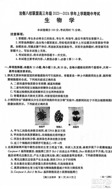 河北沧衡八校联盟2024届高三上学期期中考试金太阳138C生物试题答案