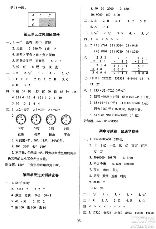 长春出版社2023年秋期末冲刺100分完全试卷四年级数学上册人教版答案