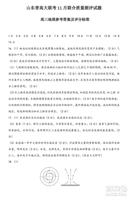 2024届山东普高大联考高三上学期11月联合质量测评地理答案 2024届山东普高大联考高三上学期11月联合质量测评地理答案