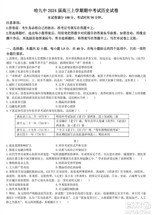 哈尔滨第九中学2024届高三上学期期中考试历史试题答案 哈尔滨第九中学2024届高三上学期期中考试历史试题答案