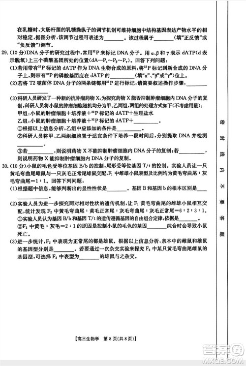 山西省2024届高三上学期11月金太阳联考生物试题答案 山西省2024届高三上学期11月金太阳联考生物试题答案